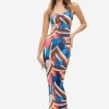 Hot * Solado Plunging Neck Abstract Print Backless Bodycon Maxi Dress Royalblue