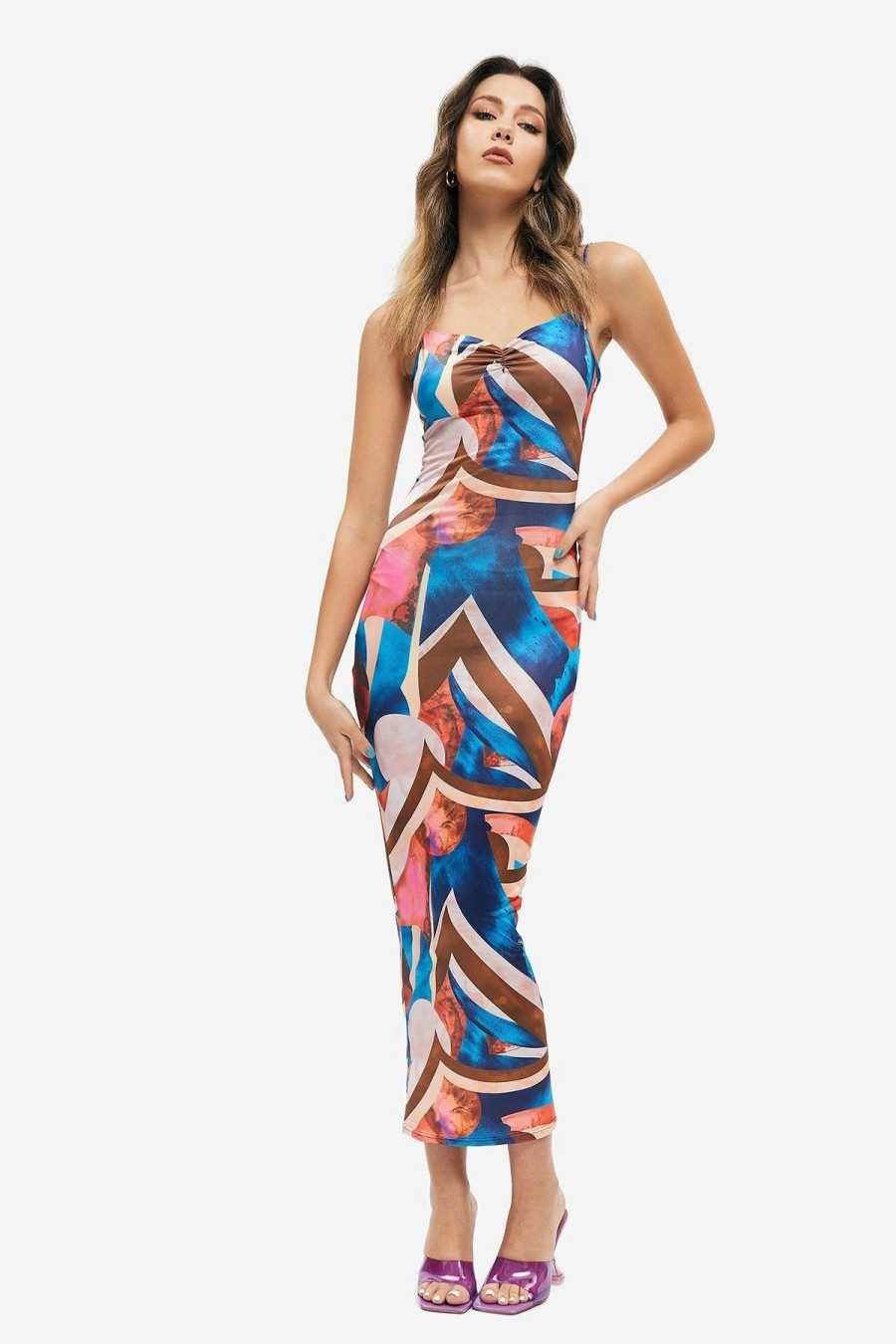 Hot * Solado Plunging Neck Abstract Print Backless Bodycon Maxi Dress Royalblue