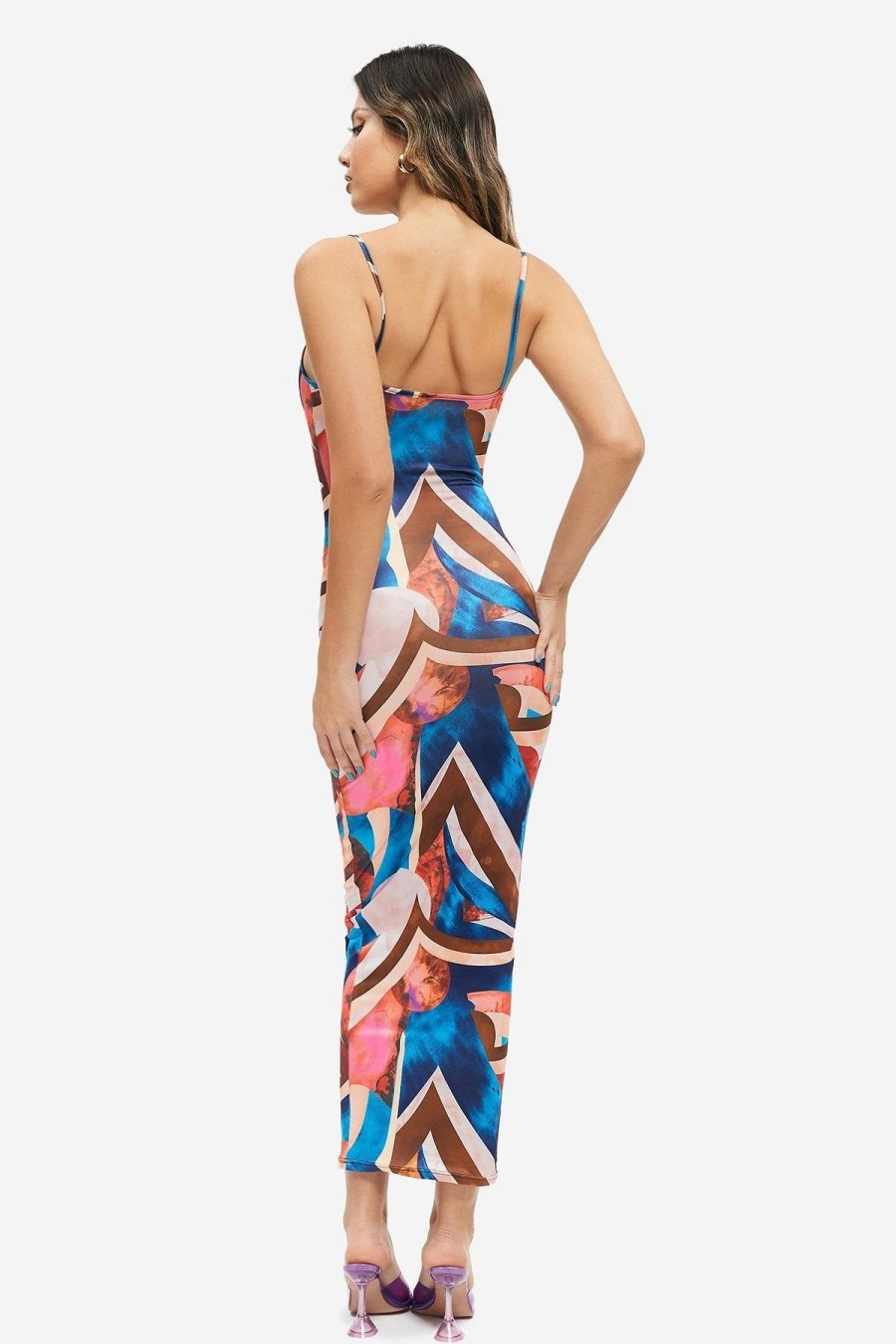 Hot * Solado Plunging Neck Abstract Print Backless Bodycon Maxi Dress Royalblue