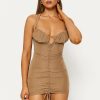 New * Solado Halter Neck Drawstring Ruched Backless Mini Dress Tan