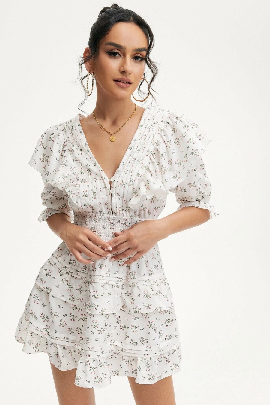 Wholesale * Solado Puff Sleeve Layered Ruffle Trim Floral Print Mini Dress White