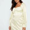 New * Solado Sweetheart Puff Sleeve Ruched Solid Mini Dress Beige