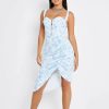 Best * Solado Floral Print Button Front Asymmetrical Hem Midi Dress Lightblue