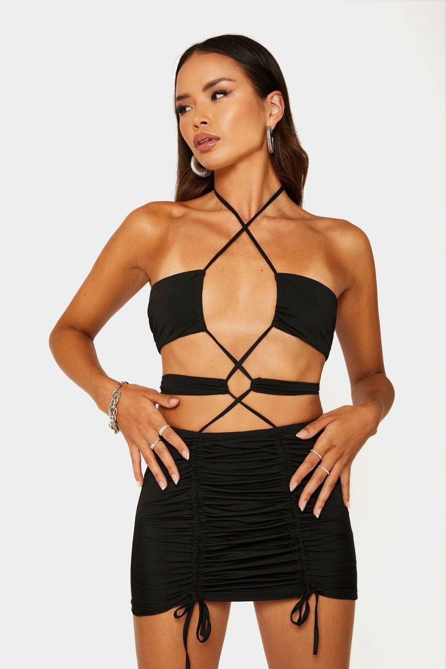 Online * Solado Halter Neck Drawstring Ruched Backless Mini Dress Black