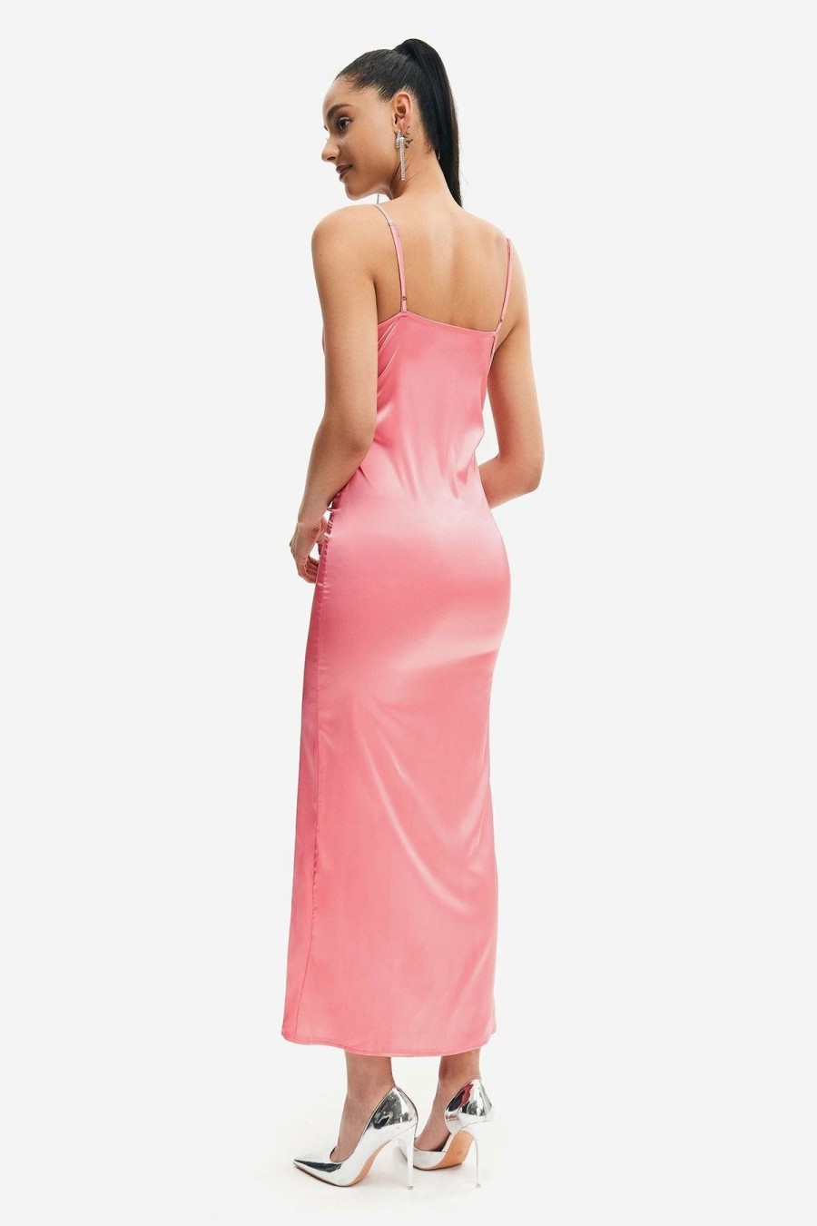 Best * Solado Satin Button Decor Split Hem Maxi Dress Pink