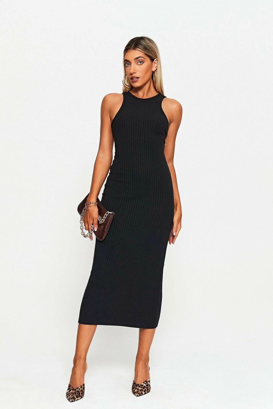 Online * Solado Stripe Knitted Open Back Sleeveless Midi Dress Black