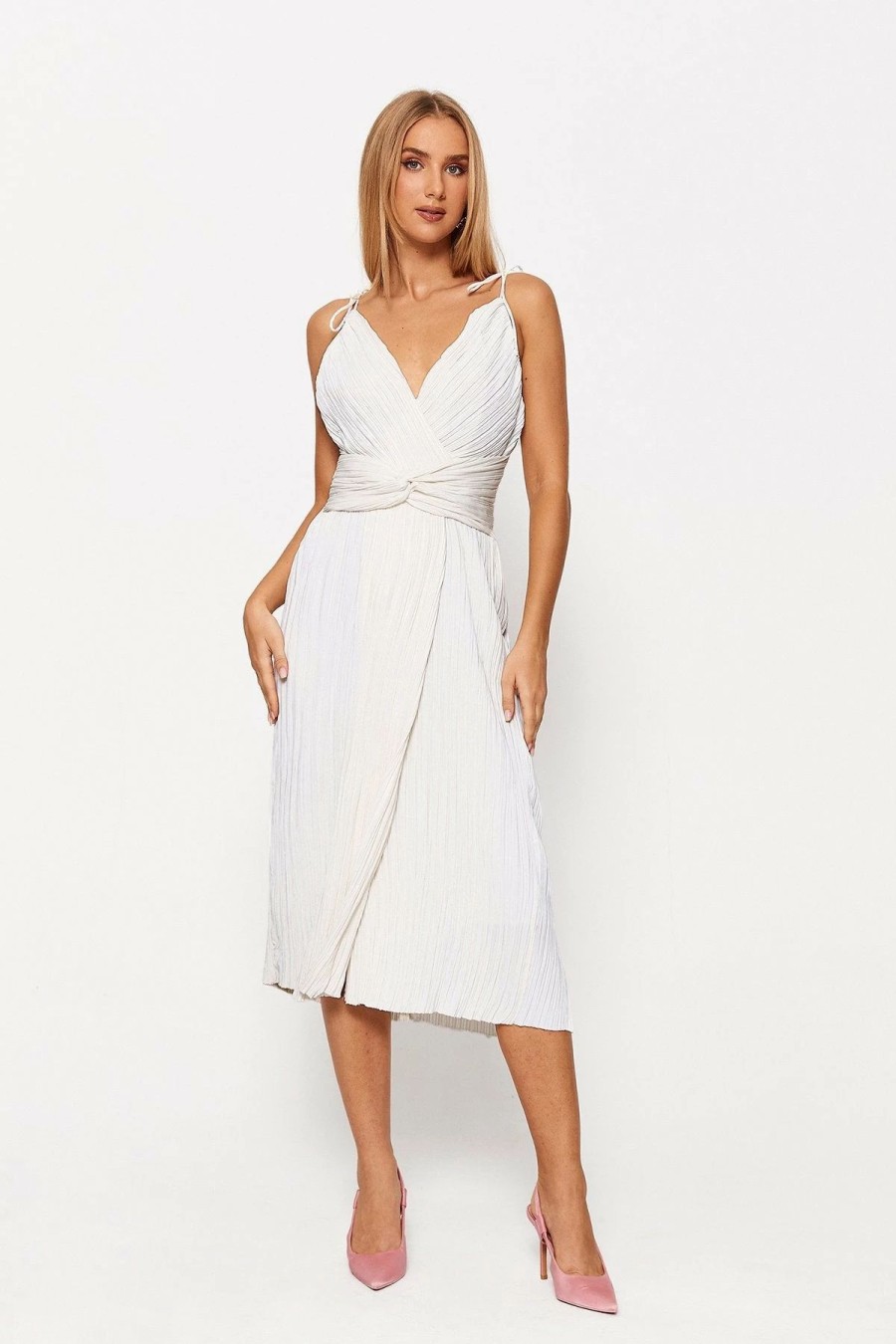 Online * Solado Plunging Neck Tie Strap Split Hem Midi Dress White