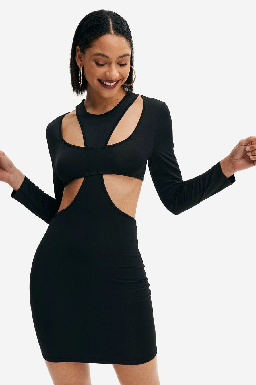 New * Solado Two Piece Cut Out Long Sleeve Mini Dress Black