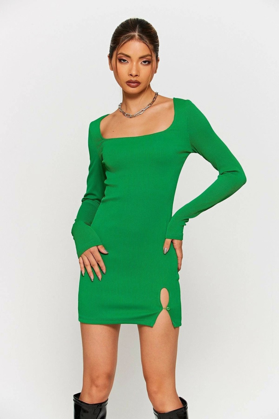 Clearance * Solado Square Neck Ribbed Knit Split Hem Mini Dress Green