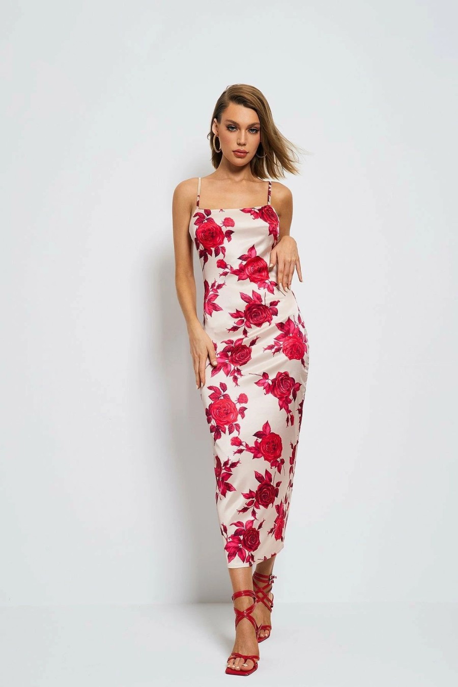 Wholesale * Solado Satin Floral Print Backless Cami Maxi Dress Red