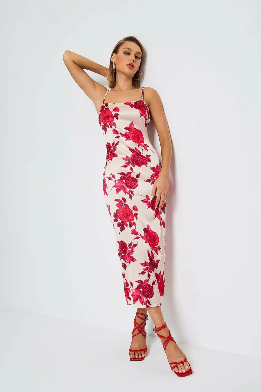 Wholesale * Solado Satin Floral Print Backless Cami Maxi Dress Red