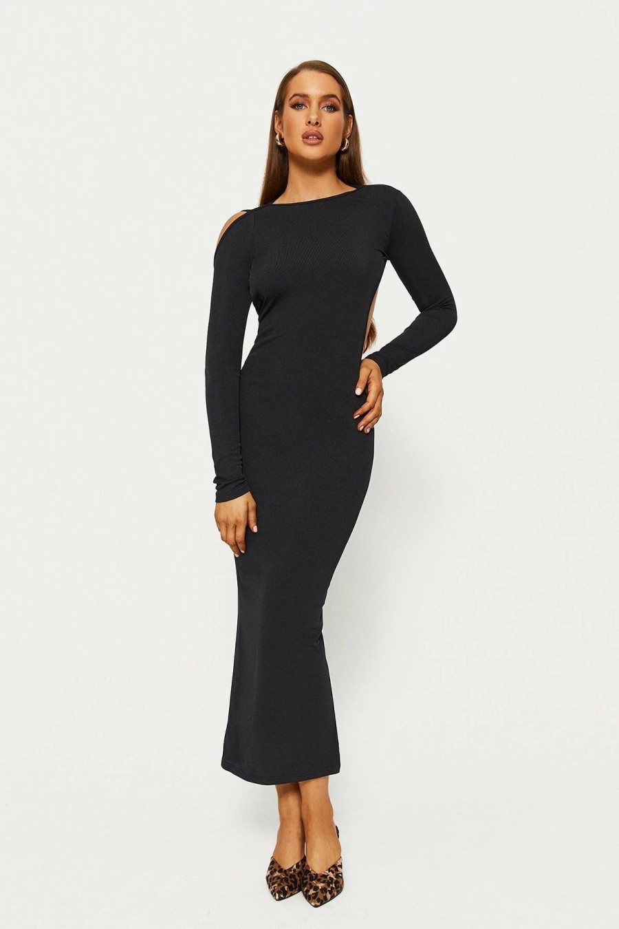 Wholesale * Solado Open Back Split Hem Long Sleeve Maxi Dress Black