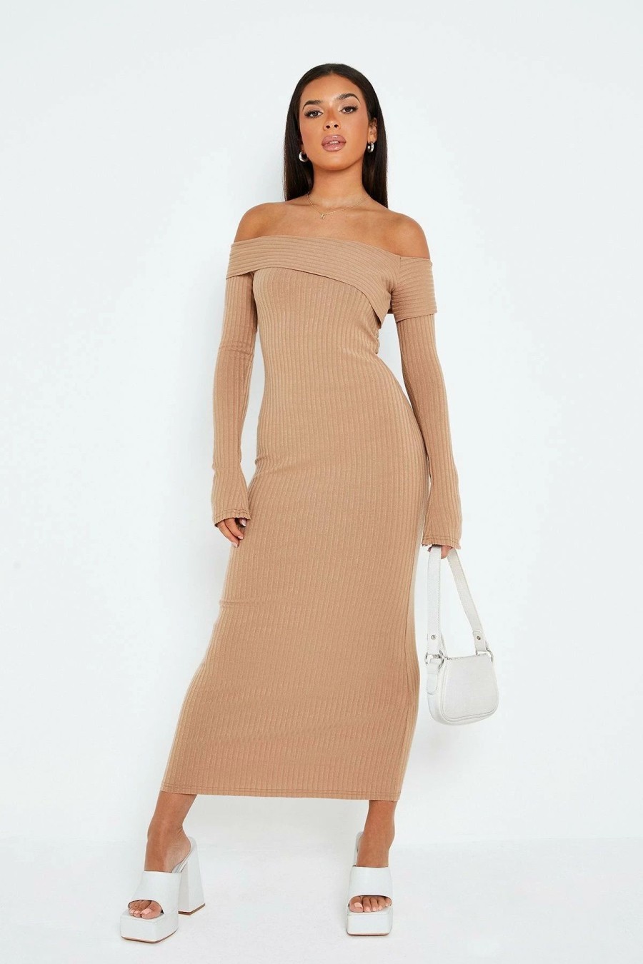 Online * Solado Off Shoulder Long Sleeve Ribbed Maxi Dress Khaki