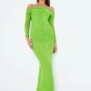 New * Solado Off Shoulder Mesh Ruched Long Sleeve Maxi Dress Lime