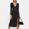 New * Solado Plunging Neck Stripe Knitted Split Hem Midi Dress Black