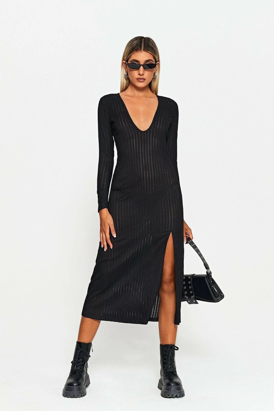 New * Solado Plunging Neck Stripe Knitted Split Hem Midi Dress Black