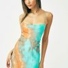 New * Solado Abstract Print Cross Tie Backless Drape Midi Dress Aquamarine