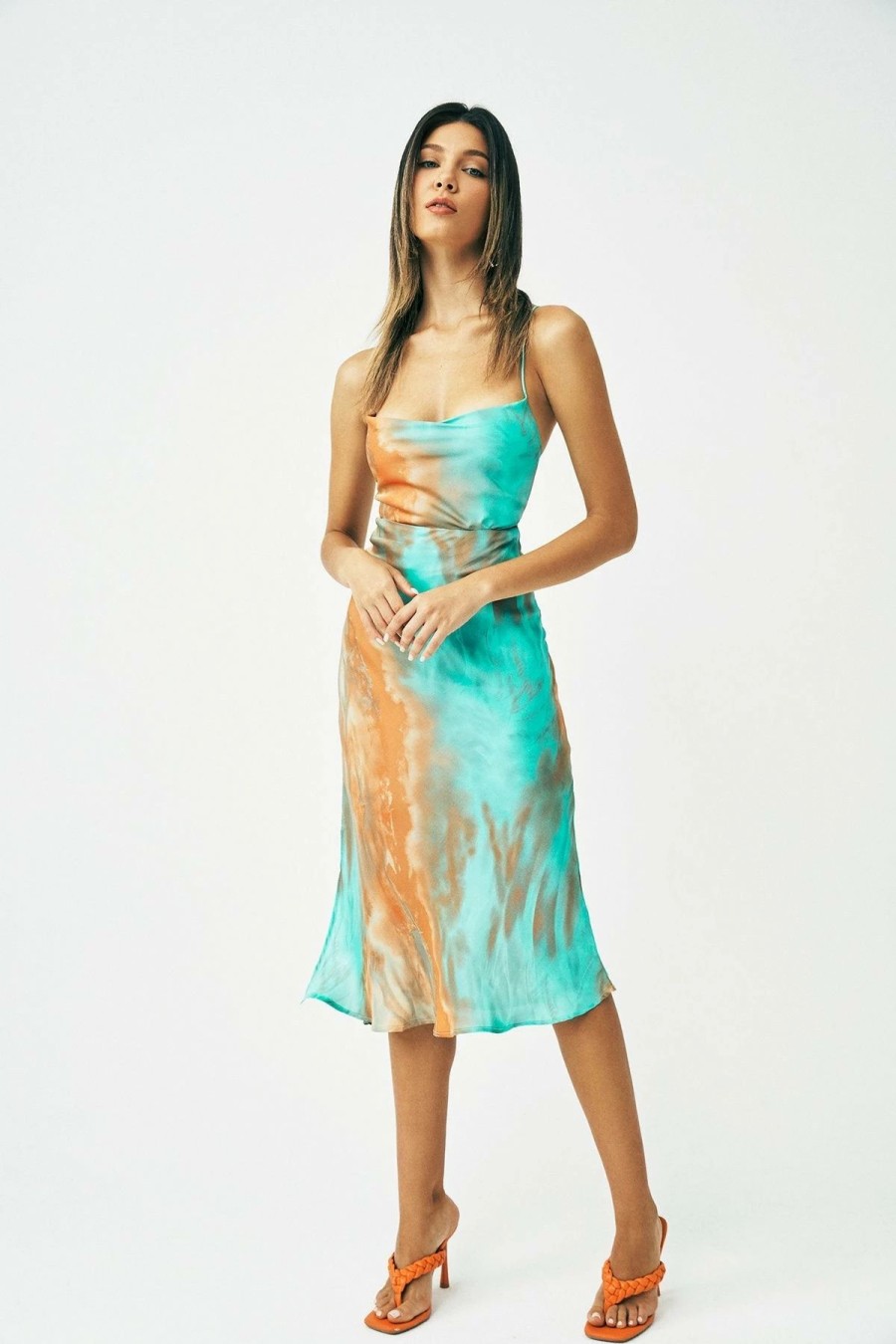 New * Solado Abstract Print Cross Tie Backless Drape Midi Dress Aquamarine