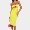 Online * Solado Tube Twist Front Cut Out Ruched Midi Dress Yellow