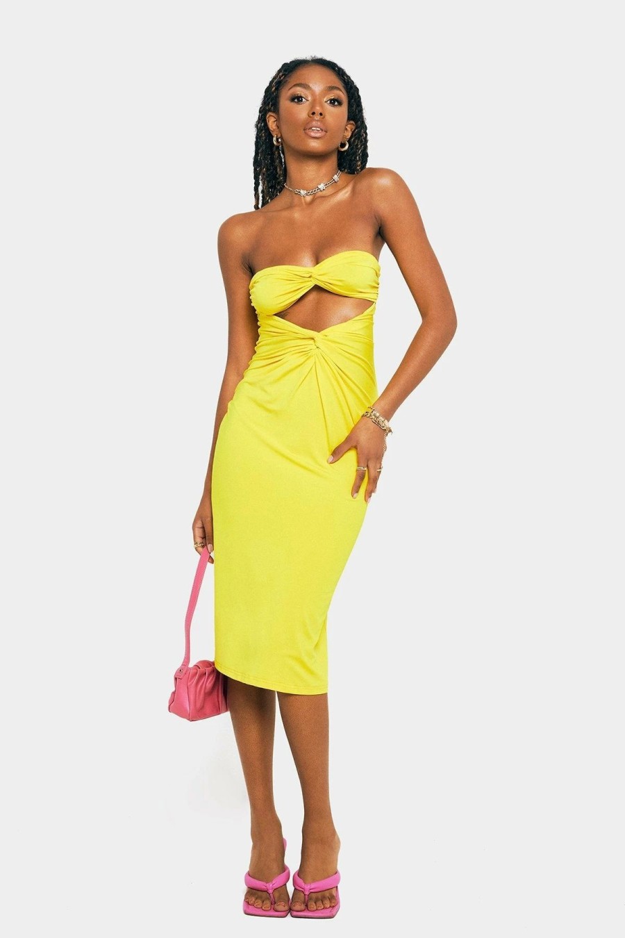 Online * Solado Tube Twist Front Cut Out Ruched Midi Dress Yellow