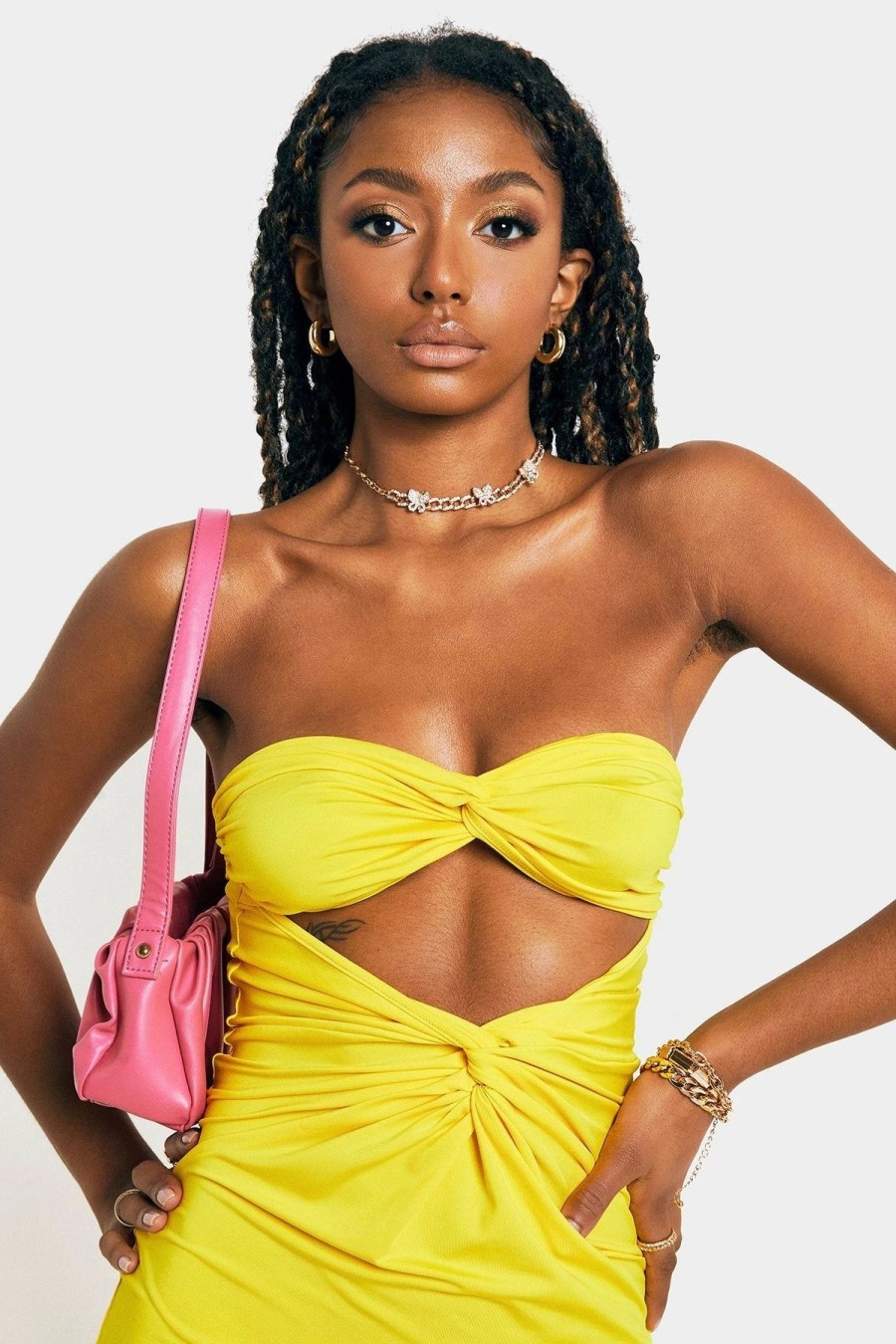 Online * Solado Tube Twist Front Cut Out Ruched Midi Dress Yellow