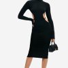 Online * Solado Mock Neck Open Back Split Hem Long Sleeve Midi Dress Black