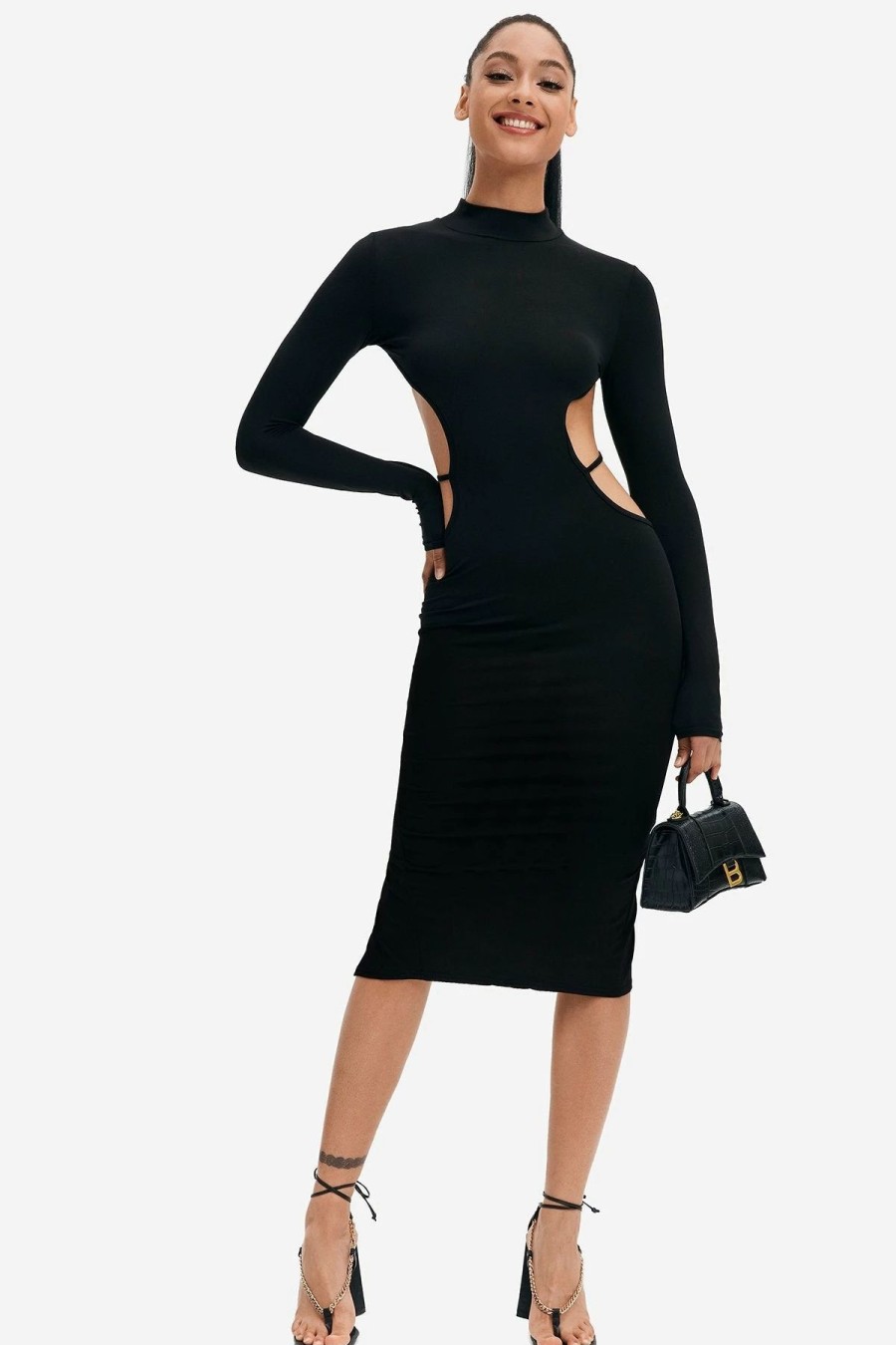 Online * Solado Mock Neck Open Back Split Hem Long Sleeve Midi Dress Black