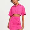 Best * Solado Lapel Neck Button Side Short Sleeve Mini Dress Deeppink