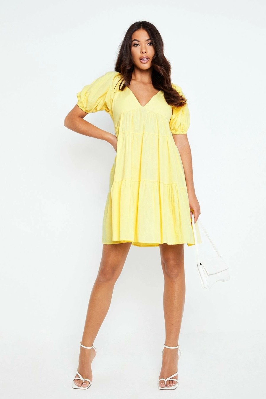 Best * Solado Plunging Neck Puff Sleeve Solid Mini Dress Yellow