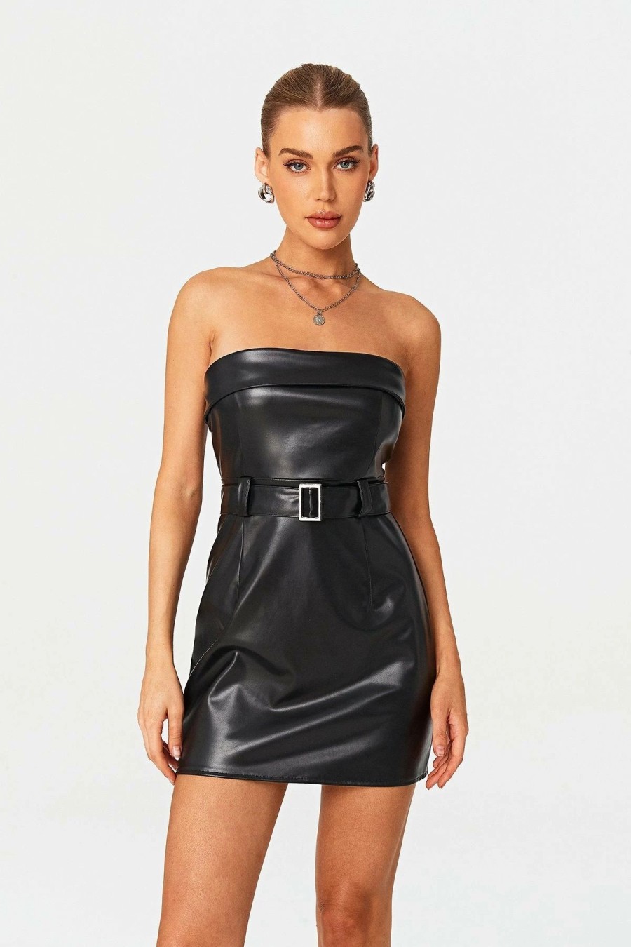 Wholesale * Solado Off Shoulder Cinched Waist Pu Leather Mini Dress With Belt Black