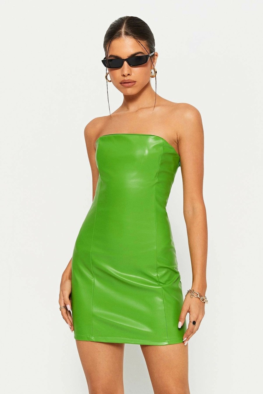 Clearance * Solado Off Shoulder Pu Leather Bodycon Tube Mini Dress Limegreen