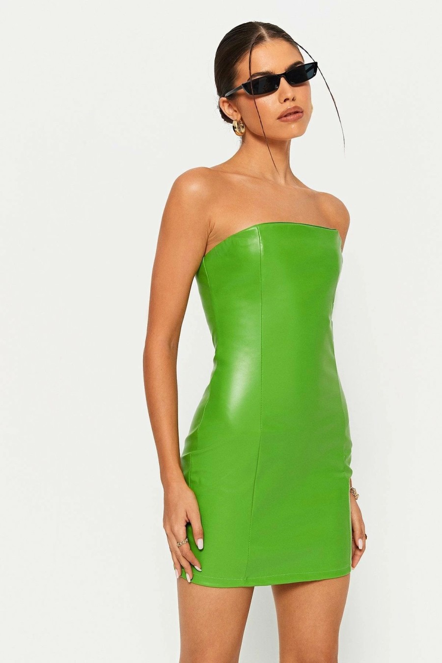 Clearance * Solado Off Shoulder Pu Leather Bodycon Tube Mini Dress Limegreen