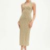 New * Solado Knitted Backless Split Hem Midi Dress Khaki