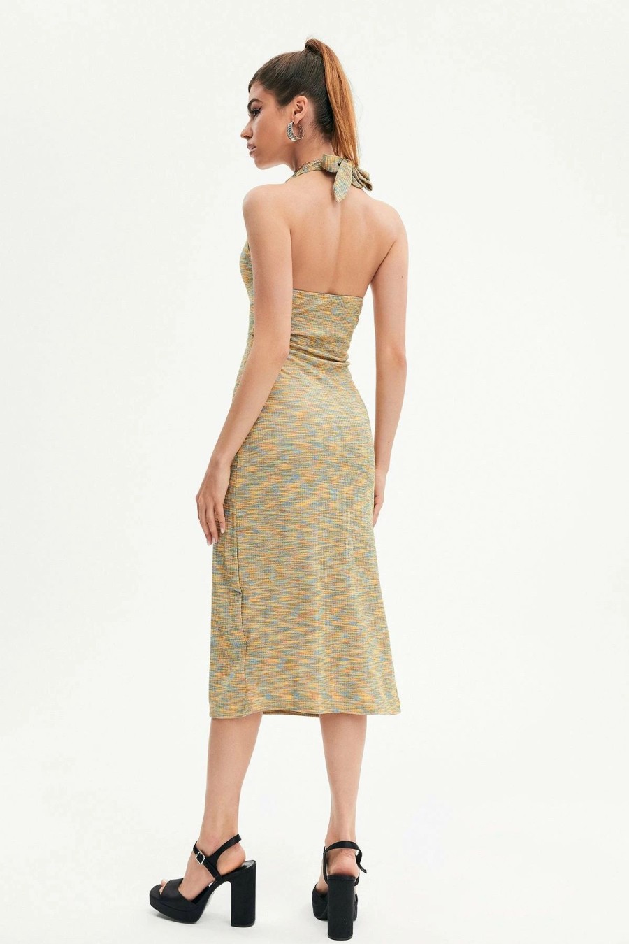 New * Solado Knitted Backless Split Hem Midi Dress Khaki