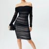 Hot * Solado Off Shoulder Ruched Mesh Midi Dress Black