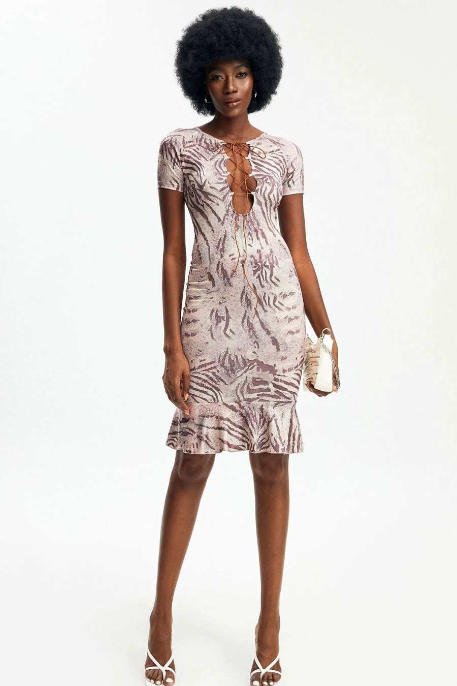 Hot * Solado Abstract Print Lace Up Ruffle Midi Dress Peru