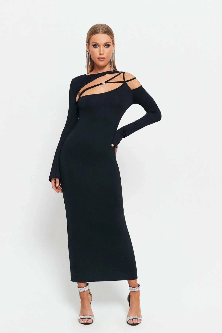 Online * Solado Cut Out Cold Shoulder Bodycon Maxi Dress Black