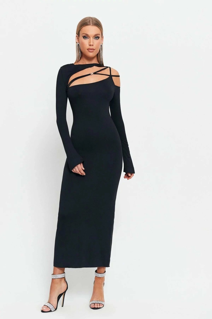 Online * Solado Cut Out Cold Shoulder Bodycon Maxi Dress Black