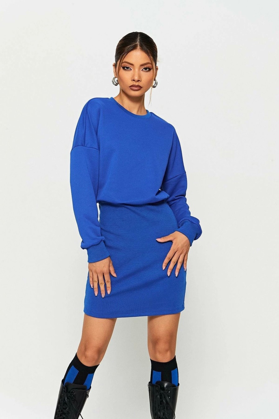 New * Solado Drop Shoulder Cinched Waist Long Sleeve Mini Dress Mediumblue