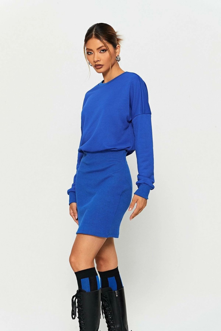 New * Solado Drop Shoulder Cinched Waist Long Sleeve Mini Dress Mediumblue