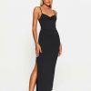 Clearance * Solado Plunging Neck Ruched Split Hem Midi Dress Black