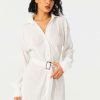 Clearance * Solado Lapel Neck Pleat Lettuce Trim Long Sleeve Mini Dress With Belt White