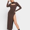 Wholesale * Solado High Neck Cut Out Split Hem Long Sleeve Midi Dress Brown