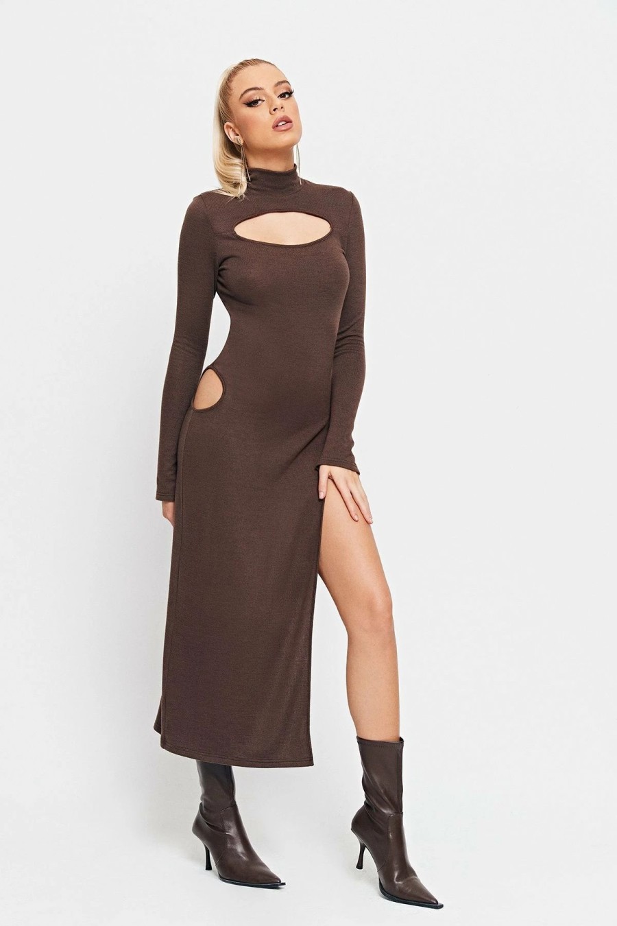 Wholesale * Solado High Neck Cut Out Split Hem Long Sleeve Midi Dress Brown