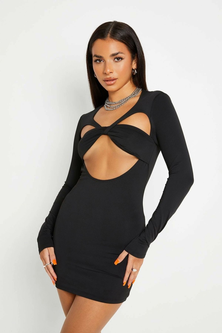 Clearance * Solado Cut Out Twist Front Long Sleeve Bodycon Dress Black