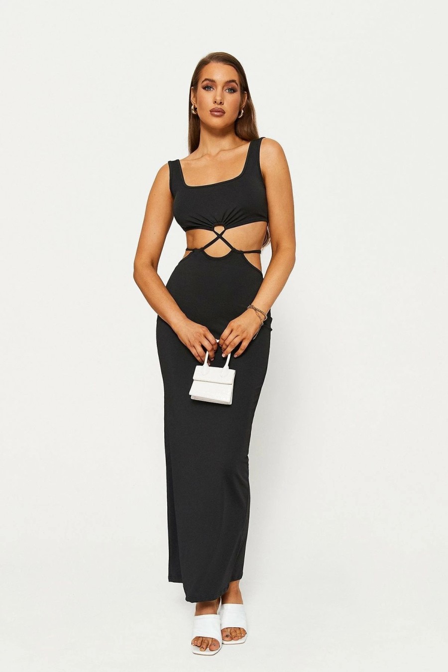 Clearance * Solado Square Neck Cross Back Bodycon Maxi Dress Black