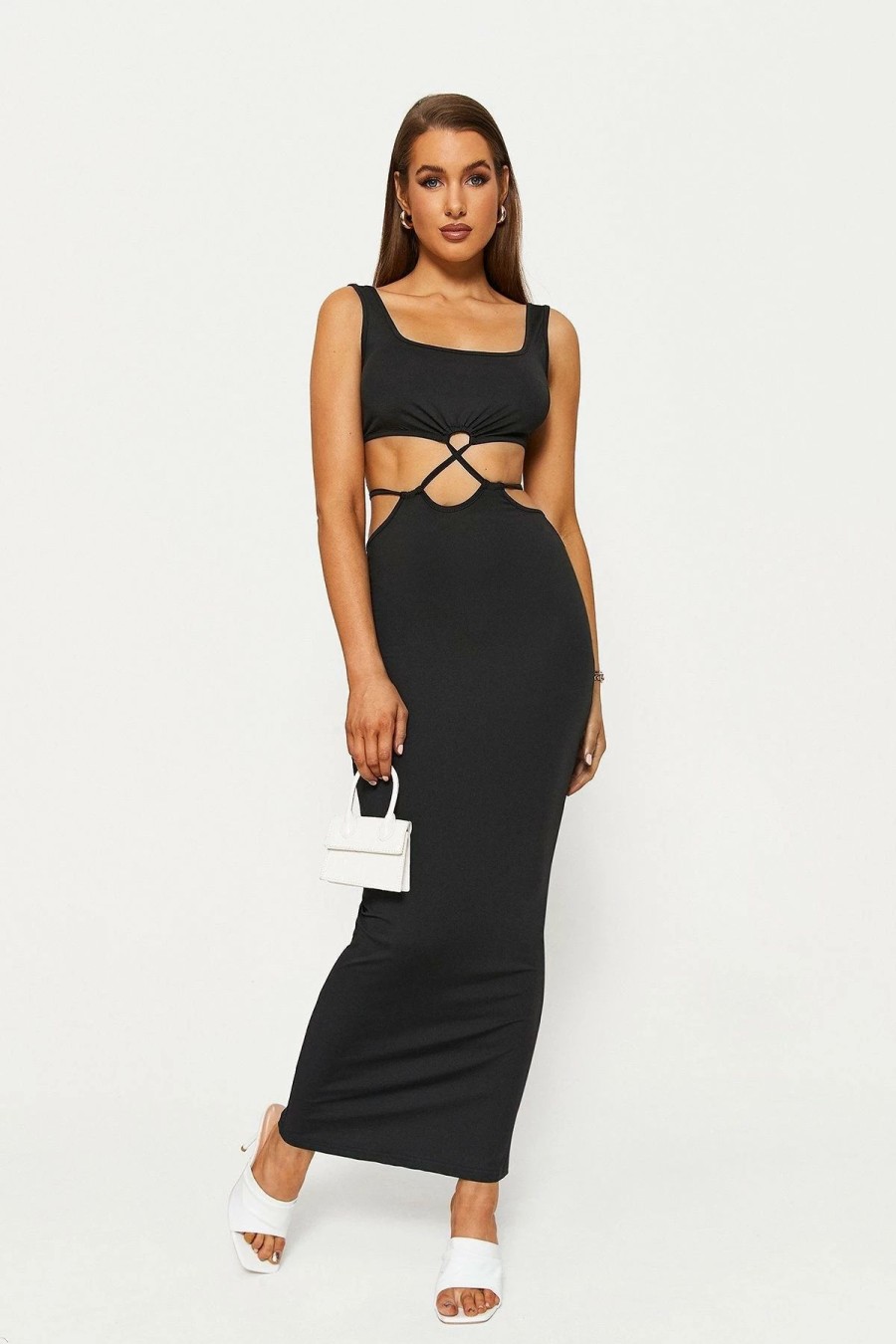 Clearance * Solado Square Neck Cross Back Bodycon Maxi Dress Black