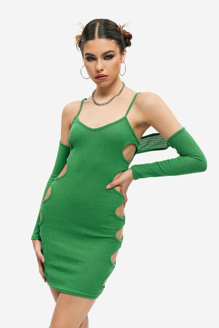 Clearance * Solado Two Piece Cut Out Knitted Backless Mini Dress Green