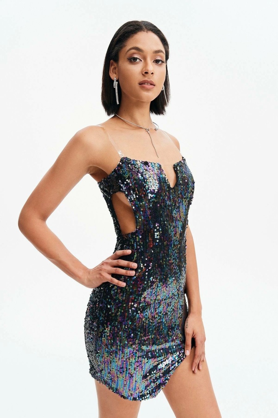 Wholesale * Solado Colorful Sequin Notched Neck Off Shoulder Mini Dress Black