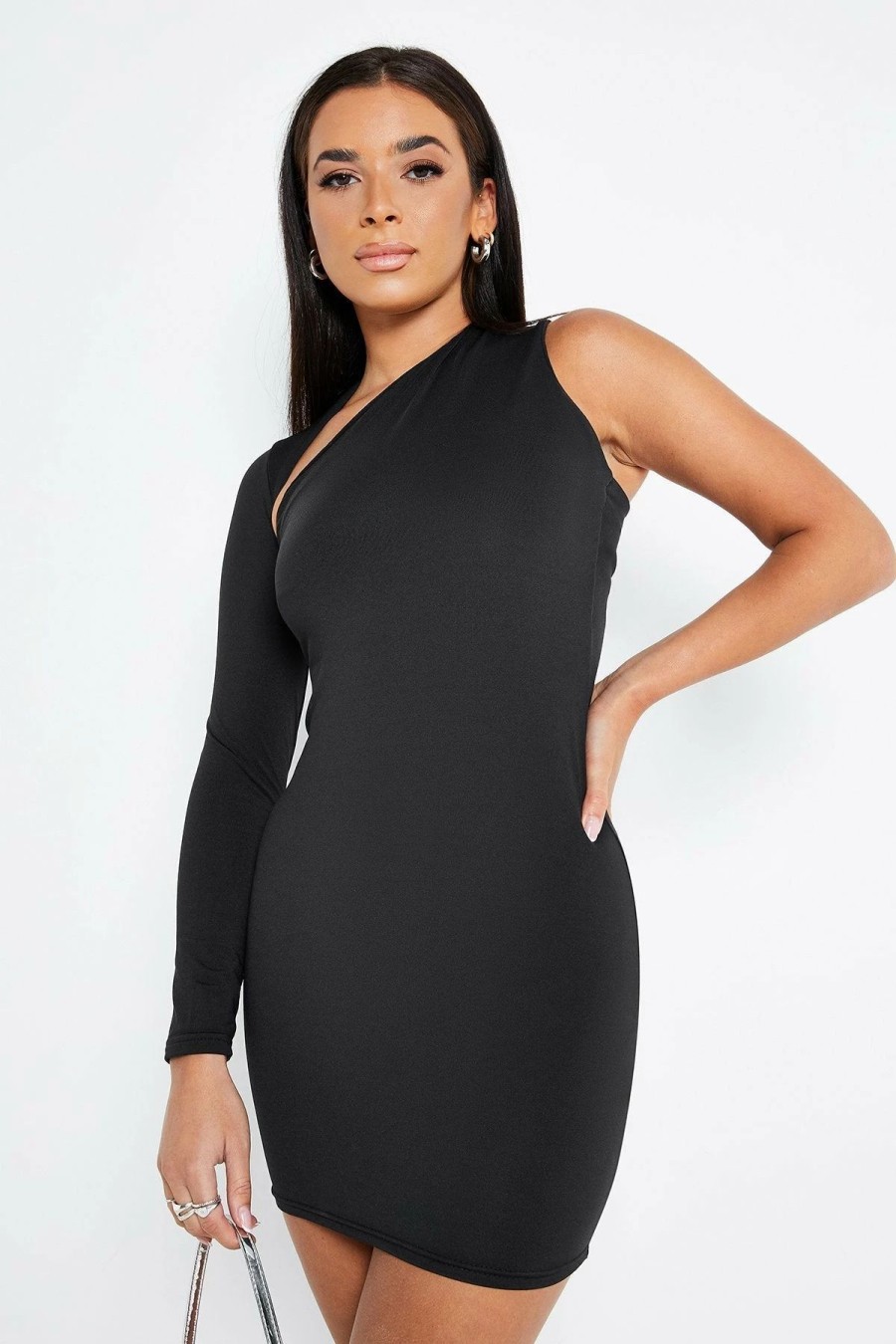 Clearance * Solado Asymmetrical Neck One Sleeve Bodycon Dress Black